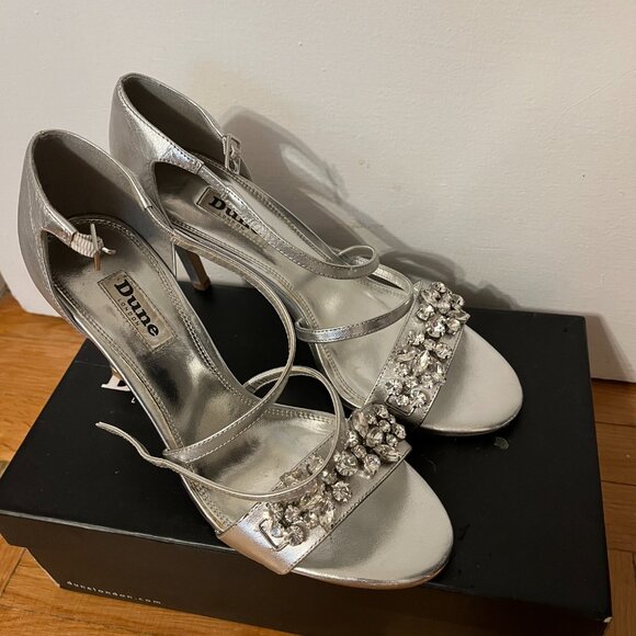 Silver Leather Strappy Heels | Size 39 | Rhinestone Glam Sandals - Picture 2 of 10
